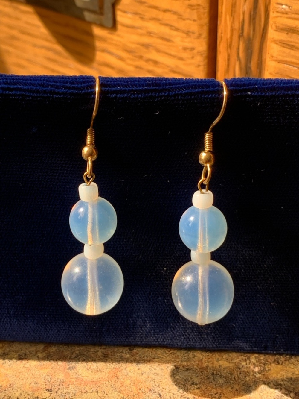 Vintage Opalescent Moonglow Double Bead Drop Earrings